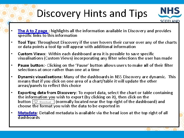 Discovery Hints and Tips • The A to Z page : highlights all the
