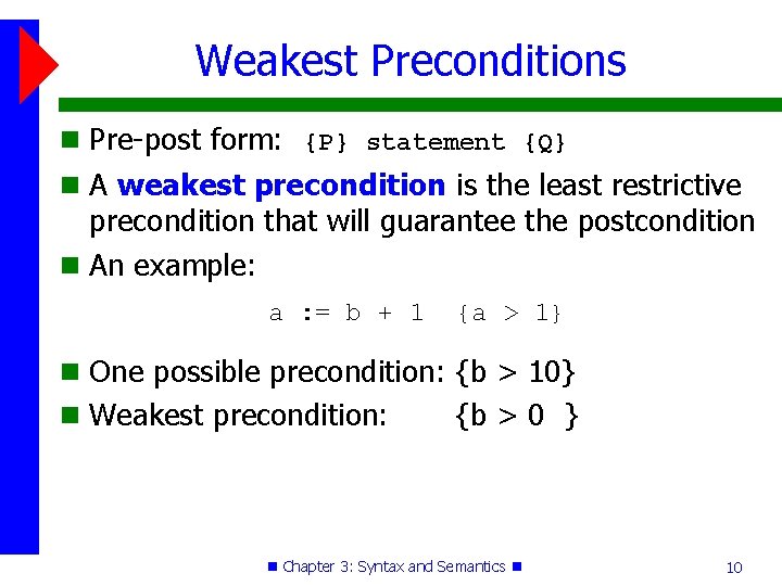 Weakest Preconditions Pre-post form: {P} statement {Q} A weakest precondition is the least restrictive