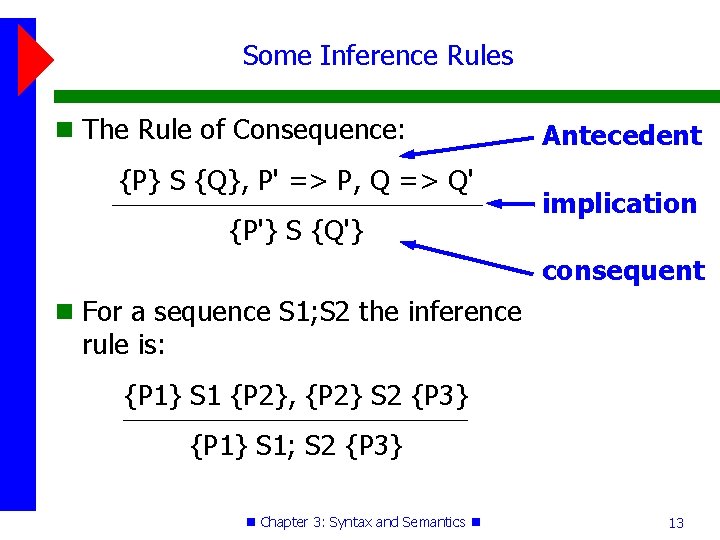 Some Inference Rules The Rule of Consequence: {P} S {Q}, P' => P, Q