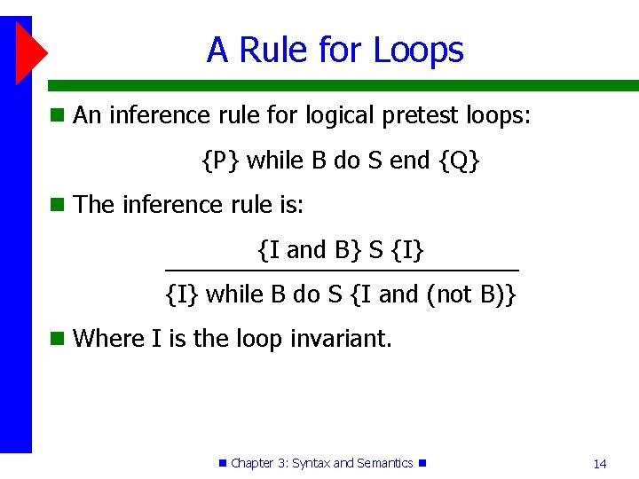 A Rule for Loops An inference rule for logical pretest loops: {P} while B