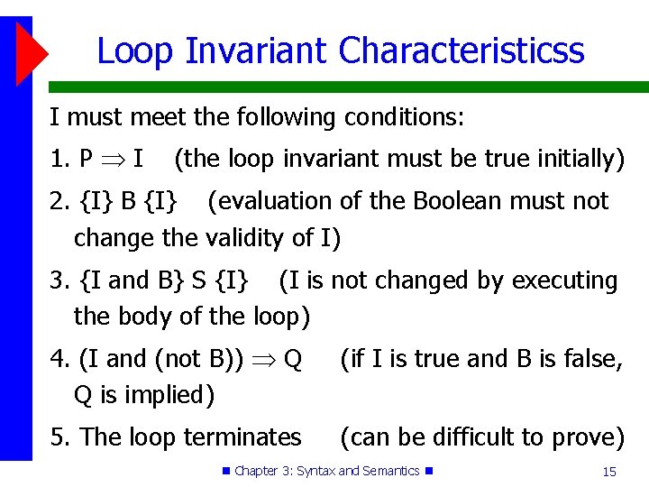 Loop Invariant Characteristicss I must meet the following conditions: 1. P I (the loop