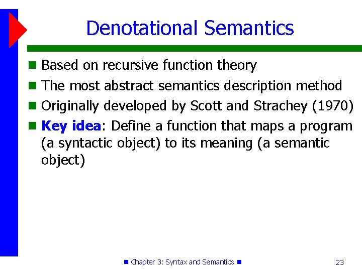 Denotational Semantics Based on recursive function theory The most abstract semantics description method Originally
