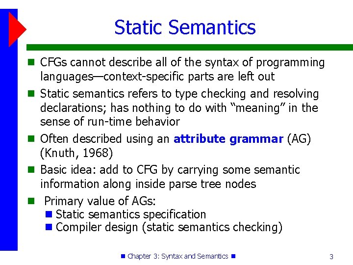 Static Semantics CFGs cannot describe all of the syntax of programming languages—context-specific parts are