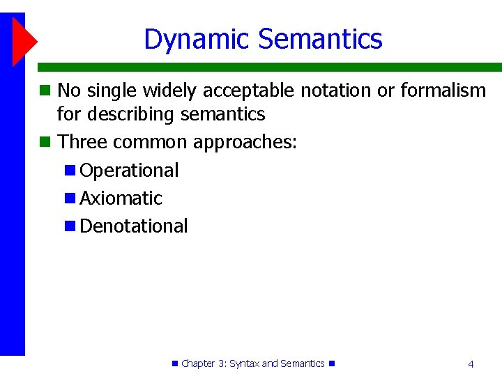 Dynamic Semantics No single widely acceptable notation or formalism for describing semantics Three common