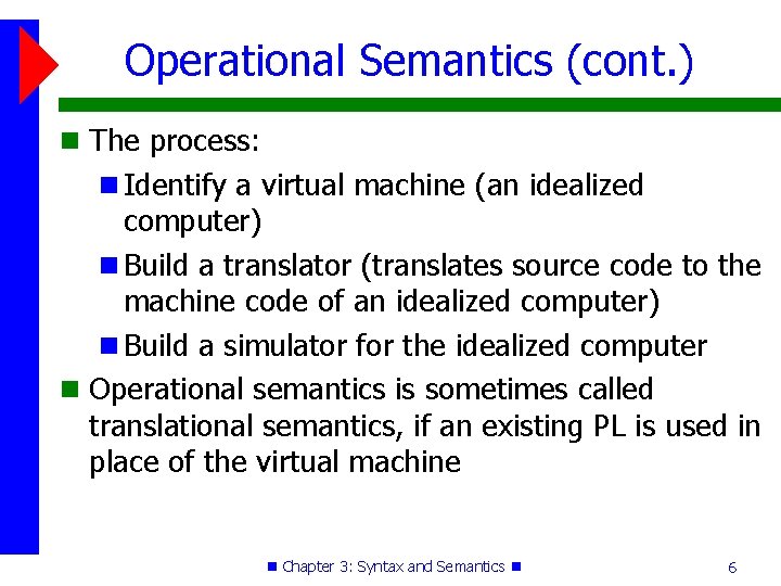 Operational Semantics (cont. ) The process: Identify a virtual machine (an idealized computer) Build