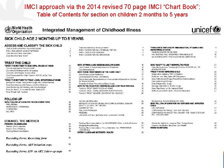 IMCI approach via the 2014 revised 70 page IMCI “Chart Book”: Table of Contents
