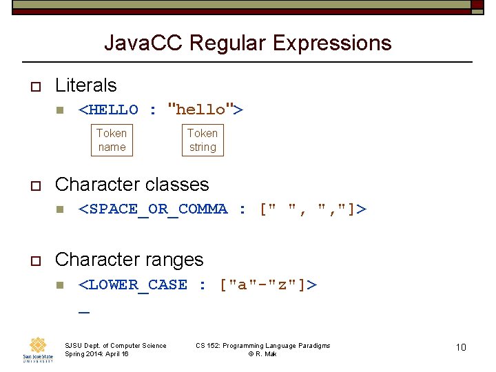 Java. CC Regular Expressions o Literals n <HELLO : "hello"> Token name o Character