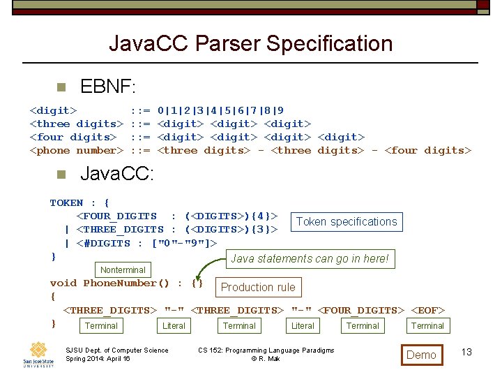 Java. CC Parser Specification n EBNF: <digit> <three digits> <four digits> <phone number> n