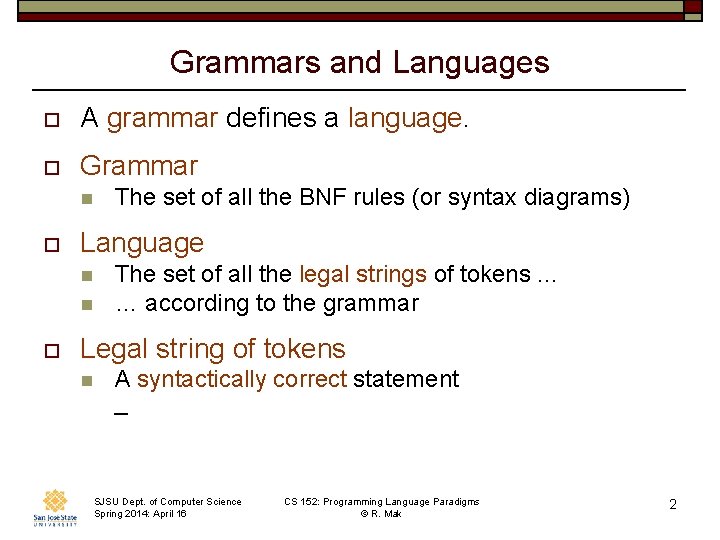 Grammars and Languages o A grammar defines a language. o Grammar n o Language