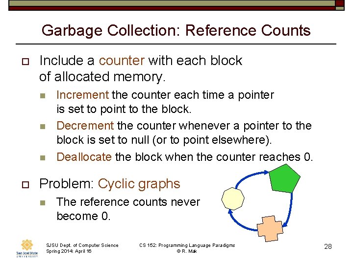 Garbage Collection: Reference Counts o Include a counter with each block of allocated memory.