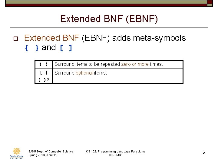 Extended BNF (EBNF) o Extended BNF (EBNF) adds meta-symbols { } and [ ]