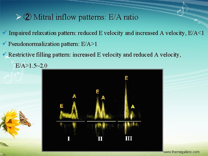 Ø ② Mitral inflow patterns: E/A ratio ü Impaired relaxation pattern: reduced E velocity