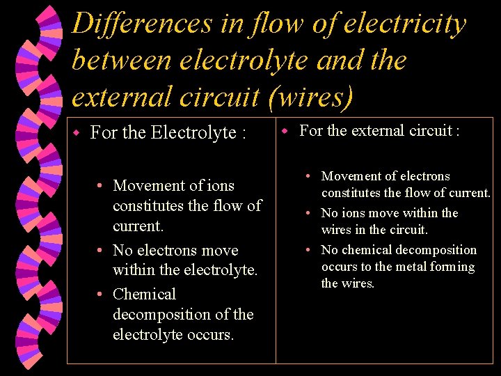 Differences in flow of electricity between electrolyte and the external circuit (wires) w For