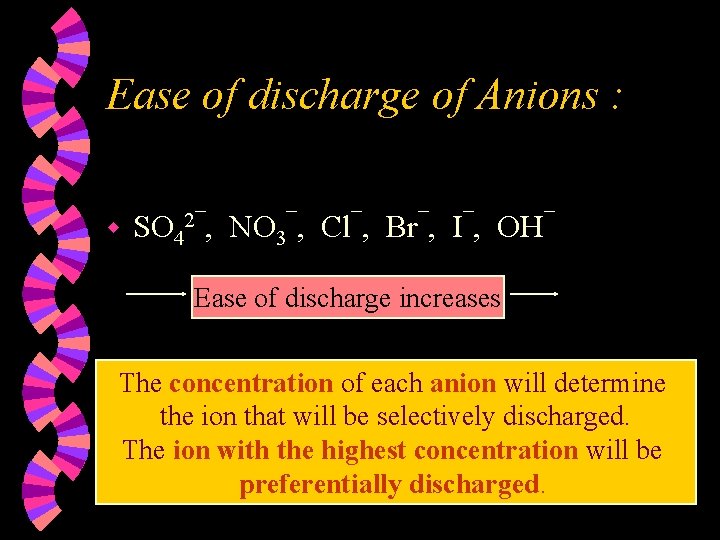 Ease of discharge of Anions : w SO 42¯, NO 3¯, Cl¯, Br¯, I¯,