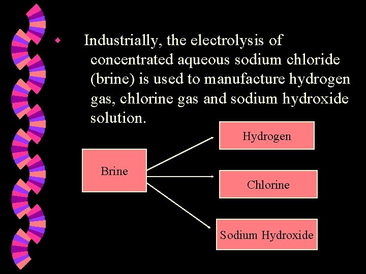 w Industrially, the electrolysis of concentrated aqueous sodium chloride (brine) is used to manufacture