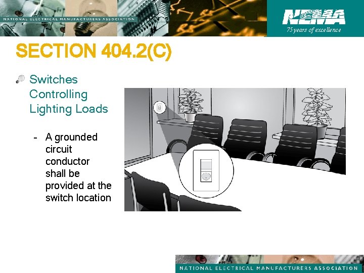 75 years of excellence SECTION 404. 2(C) Switches Controlling Lighting Loads – A grounded