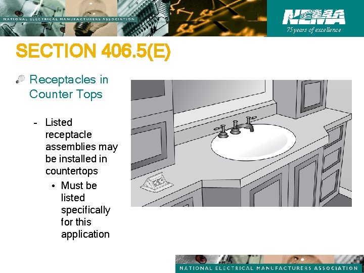 75 years of excellence SECTION 406. 5(E) Receptacles in Counter Tops – Listed receptacle