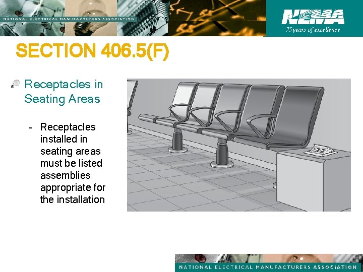 75 years of excellence SECTION 406. 5(F) Receptacles in Seating Areas – Receptacles installed