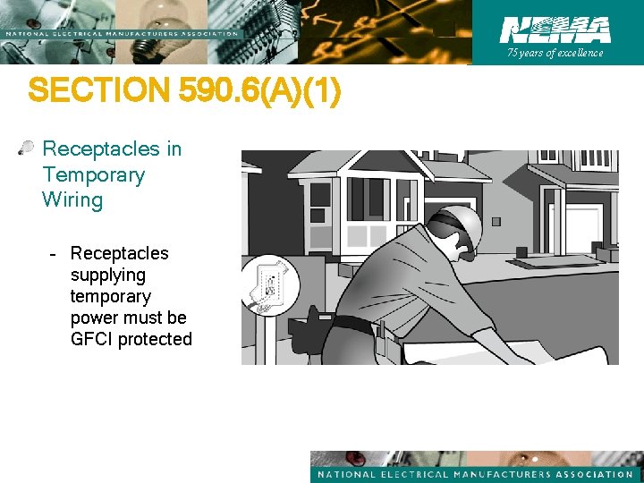 75 years of excellence SECTION 590. 6(A)(1) Receptacles in Temporary Wiring – Receptacles supplying