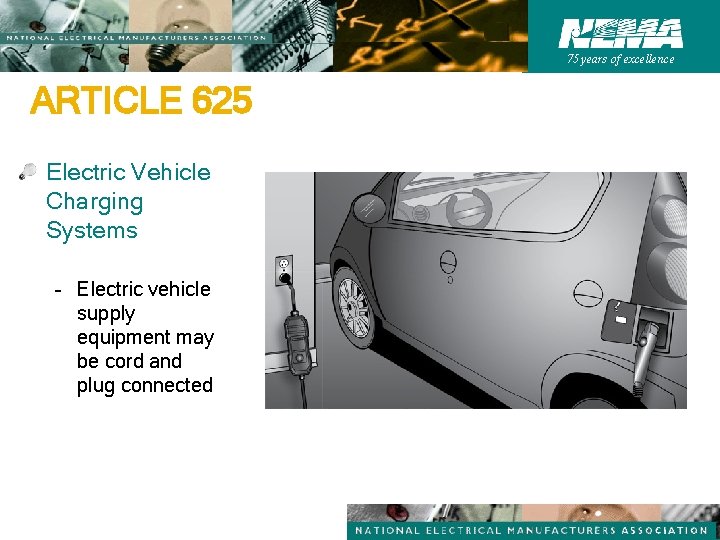 75 years of excellence ARTICLE 625 Electric Vehicle Charging Systems – Electric vehicle supply