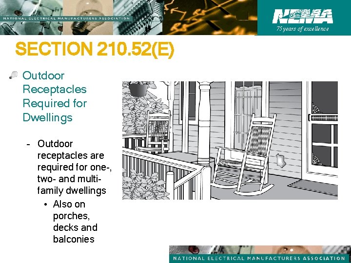 75 years of excellence SECTION 210. 52(E) Outdoor Receptacles Required for Dwellings – Outdoor