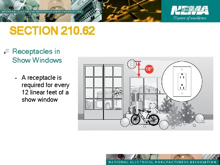 75 years of excellence SECTION 210. 62 Receptacles in Show Windows – A receptacle