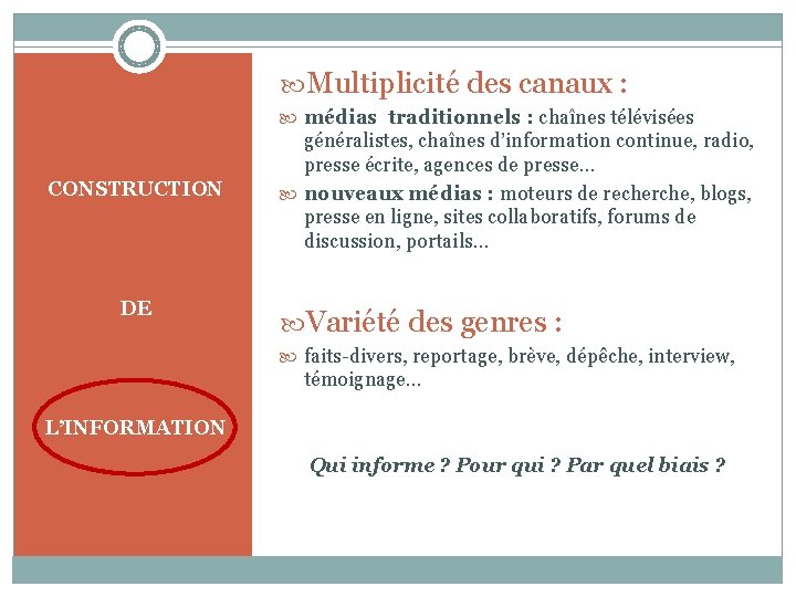  Multiplicité des canaux : médias traditionnels : chaînes télévisées CONSTRUCTION DE généralistes, chaînes