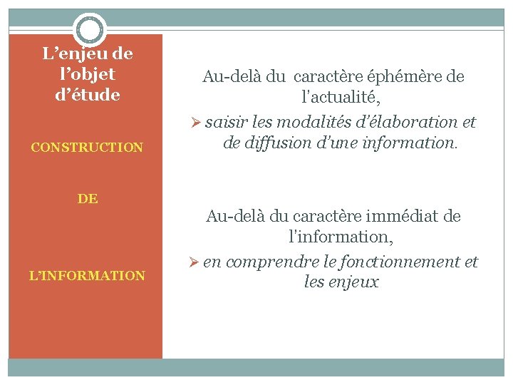 L’enjeu de l’objet d’étude CONSTRUCTION Au-delà du caractère éphémère de l’actualité, Ø saisir les