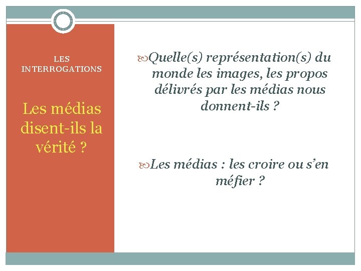 LES INTERROGATIONS Les médias disent-ils la vérité ? Quelle(s) représentation(s) du monde les images,