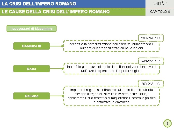 LA CRISI DELL’IMPERO ROMANO LE CAUSE DELLA CRISI DELL’IMPERO ROMANO UNITÀ 2 CAPITOLO 6