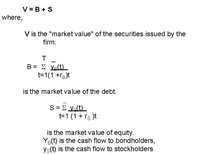 V=B+S where, V is the "market value" of the securities issued by the firm. V=B+S where, V is the "market value" of the securities issued by the firm.