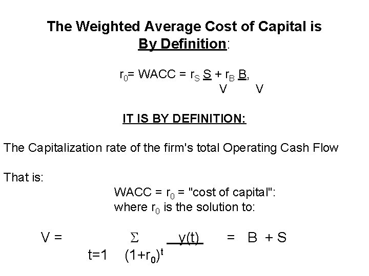 The Weighted Average Cost of Capital is By Definition: r 0= WACC = r. The Weighted Average Cost of Capital is By Definition: r 0= WACC = r.