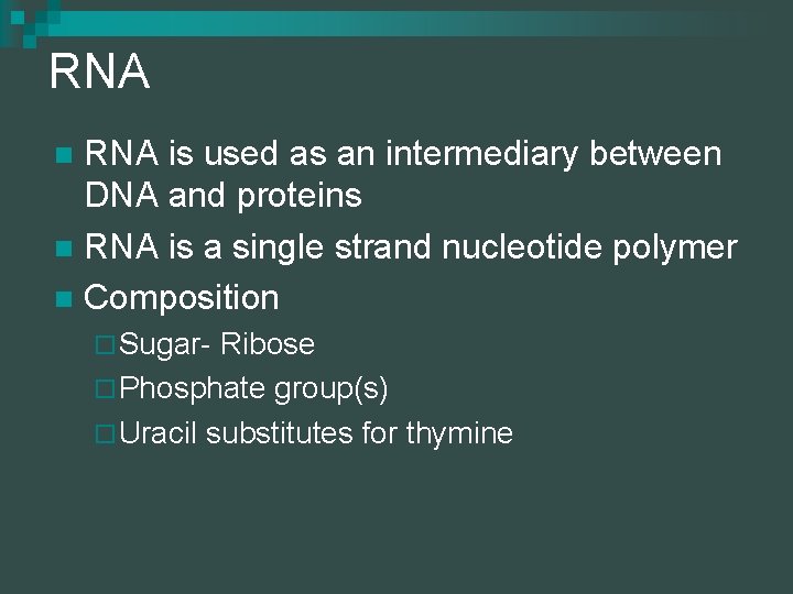 RNA is used as an intermediary between DNA and proteins n RNA is a