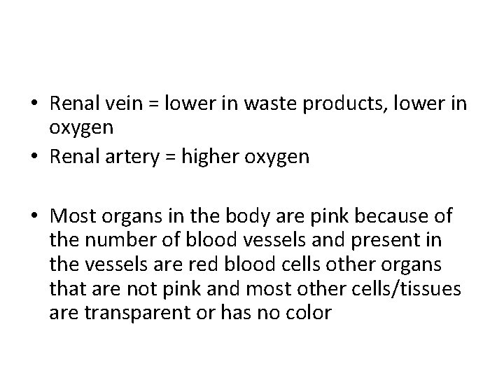  • Renal vein = lower in waste products, lower in oxygen • Renal