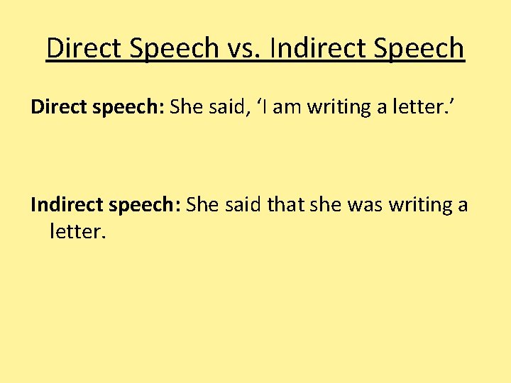 Direct Speech vs. Indirect Speech Direct speech: She said, ‘I am writing a letter.