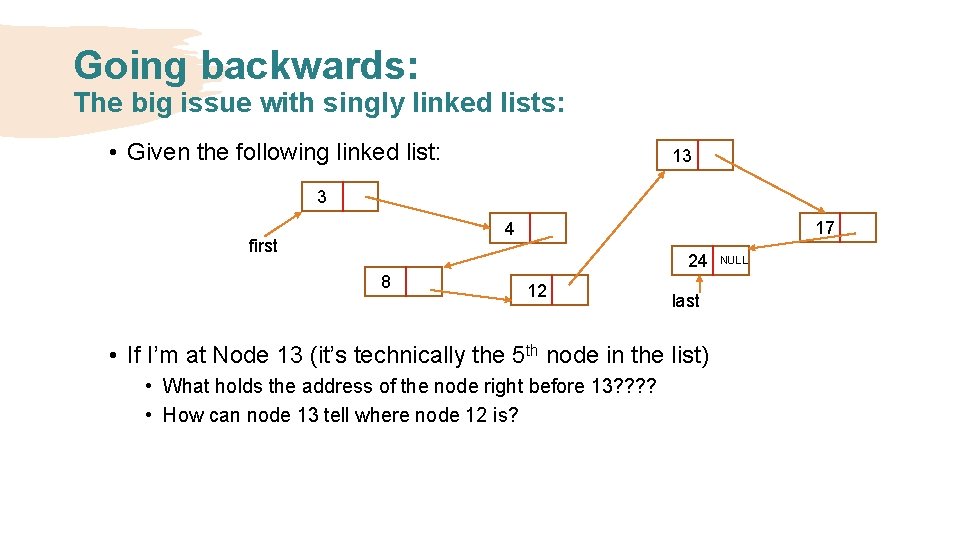 Going backwards: The big issue with singly linked lists: • Given the following linked