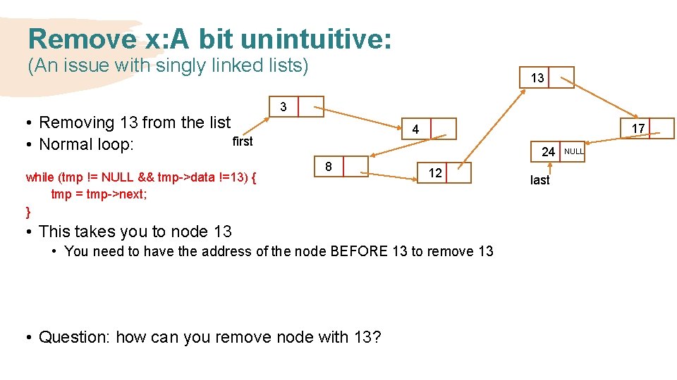 Remove x: A bit unintuitive: (An issue with singly linked lists) • Removing 13