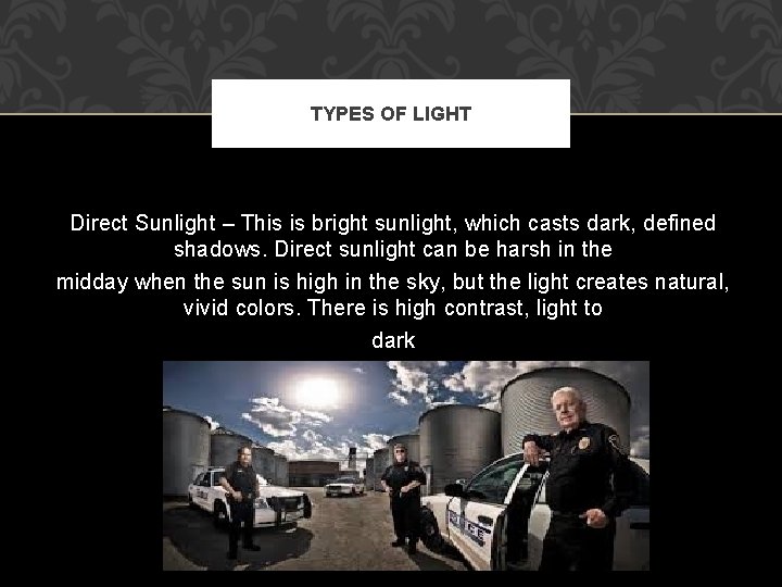TYPES OF LIGHT Direct Sunlight – This is bright sunlight, which casts dark, defined