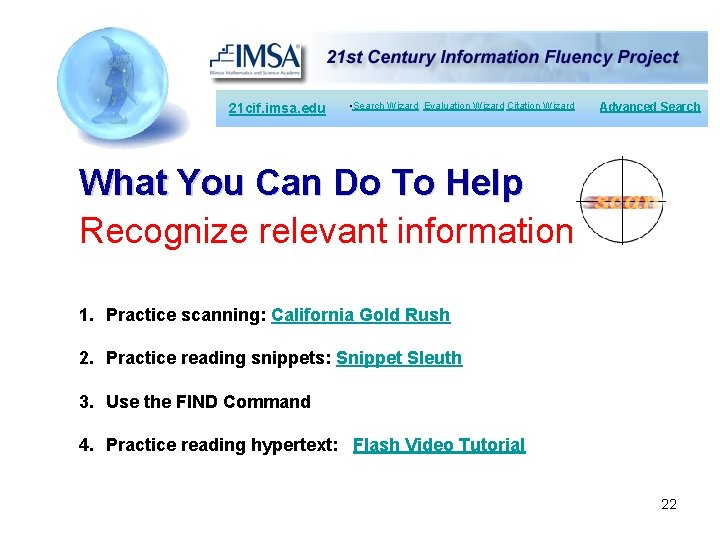 21 cif. imsa. edu • Search Wizard Evaluation Wizard Citation Wizard Advanced Search What