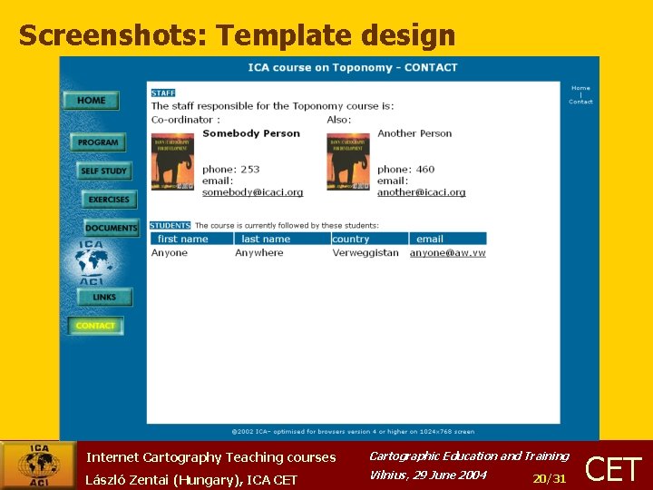 Screenshots: Template design Internet Cartography Teaching courses Cartographic Education and Training László Zentai (Hungary),