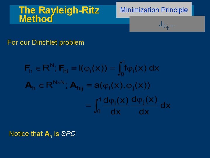 The Rayleigh-Ritz Method For our Dirichlet problem Notice that Ah is SPD Minimization Principle