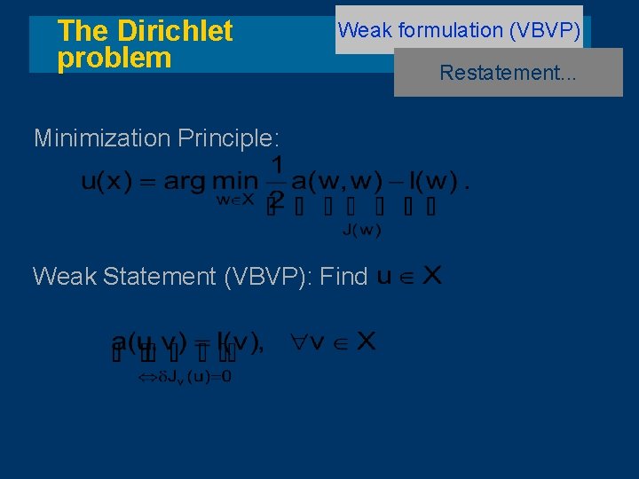 The Dirichlet problem Weak formulation (VBVP) Minimization Principle: Weak Statement (VBVP): Find Restatement. .