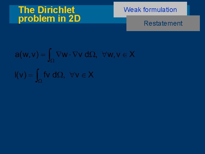 The Dirichlet problem in 2 D Weak formulation Restatement 