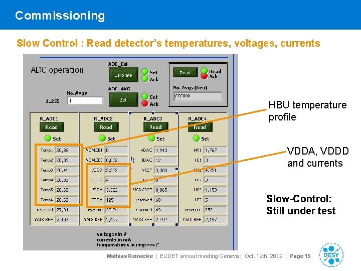 Commissioning Slow Control : Read detector’s temperatures, voltages, currents HBU temperature profile VDDA, VDDD