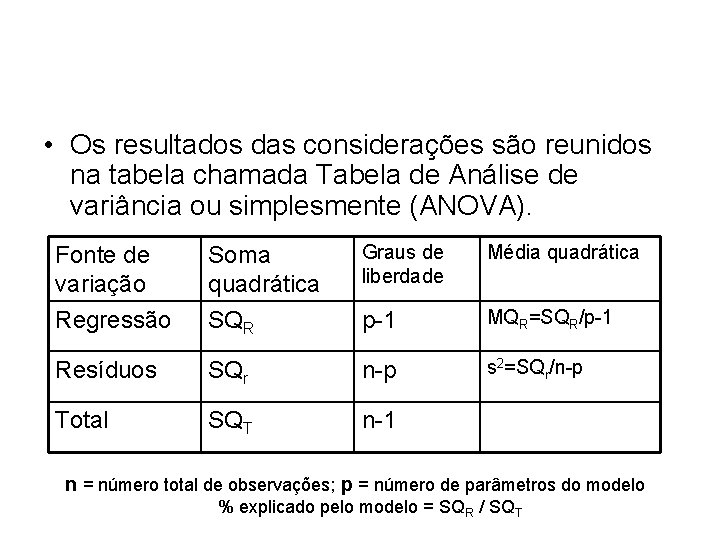  • Os resultados das considerações são reunidos na tabela chamada Tabela de Análise