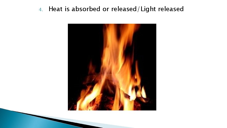 4. Heat is absorbed or released/Light released 4. Heat is absorbed or released/Light released