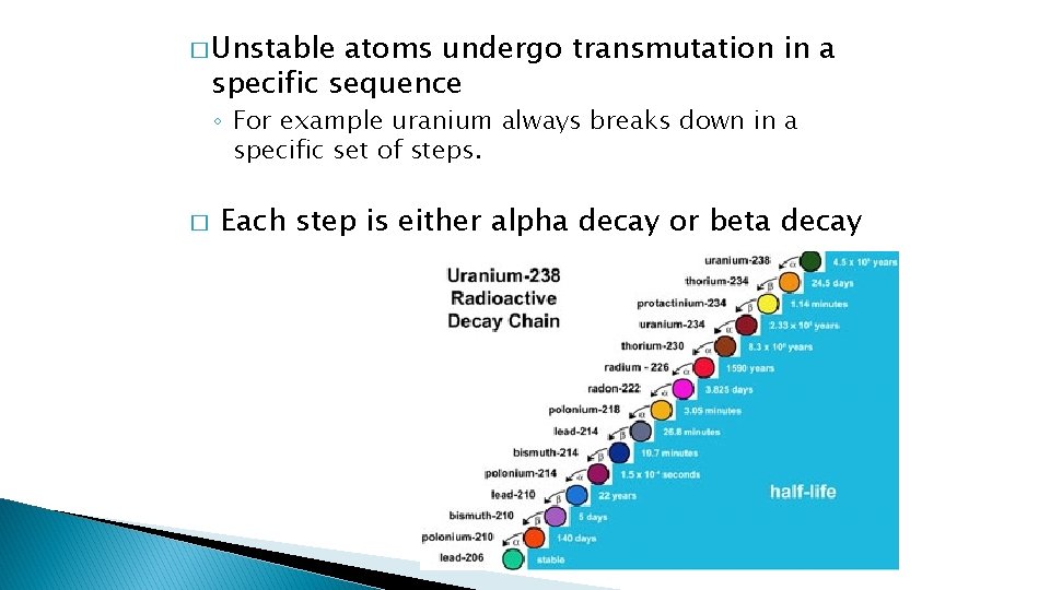 � Unstable atoms undergo transmutation in a specific sequence ◦ For example uranium always � Unstable atoms undergo transmutation in a specific sequence ◦ For example uranium always