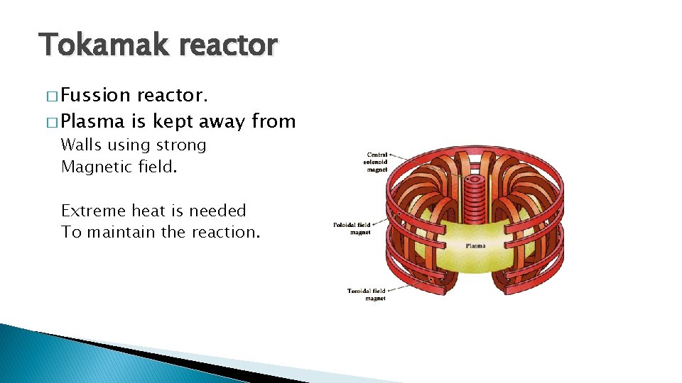 Tokamak reactor � Fussion reactor. � Plasma is kept away from Walls using strong Tokamak reactor � Fussion reactor. � Plasma is kept away from Walls using strong