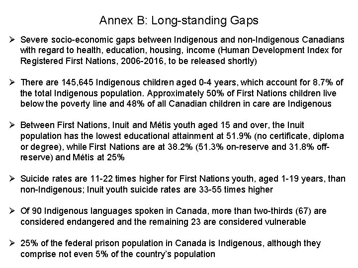 Annex B: Long-standing Gaps Ø Severe socio-economic gaps between Indigenous and non-Indigenous Canadians with