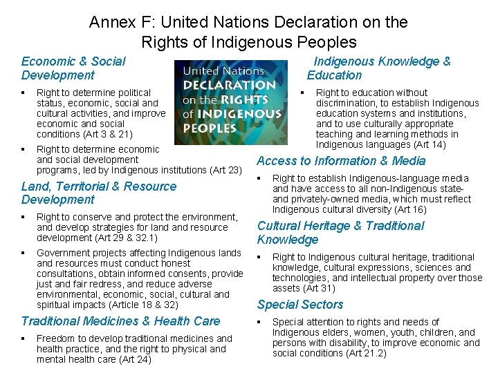 Annex F: United Nations Declaration on the Rights of Indigenous Peoples Economic & Social